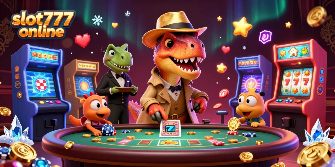 Engage in exciting spins at slot777 online with a vibrant casino scene featuring cartoon dinosaurs.