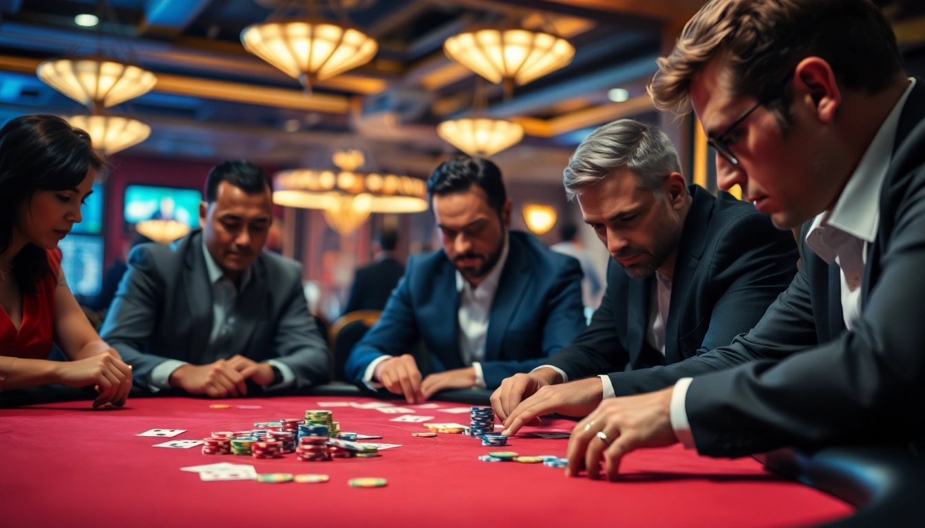 Permainan situs toto di kasino dengan pemain menatap serius pada meja poker.