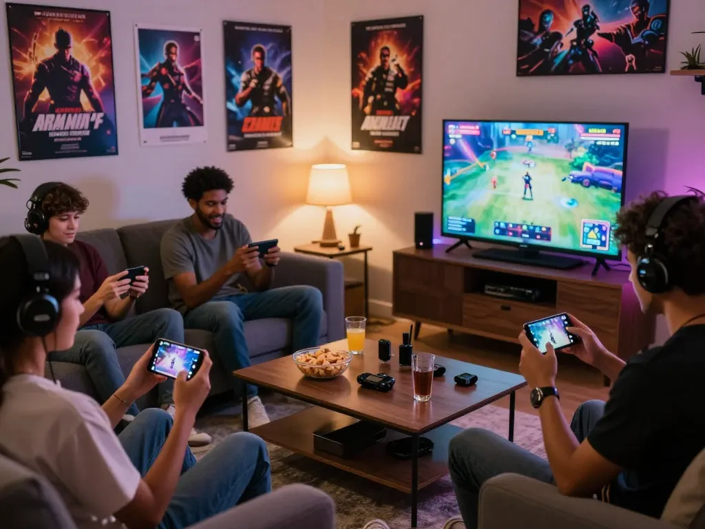 Players enjoying mobile porn games together in a cozy living room.