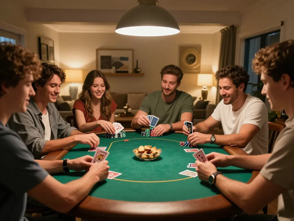 Friends enjoying a poker night at home with fun atmosphere at okwin.