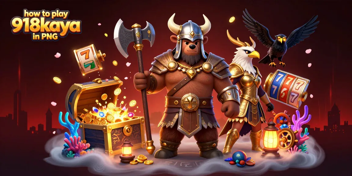 Learn how to play 918kaya in PNG with a vibrant casino illustration showcasing popular slot games.