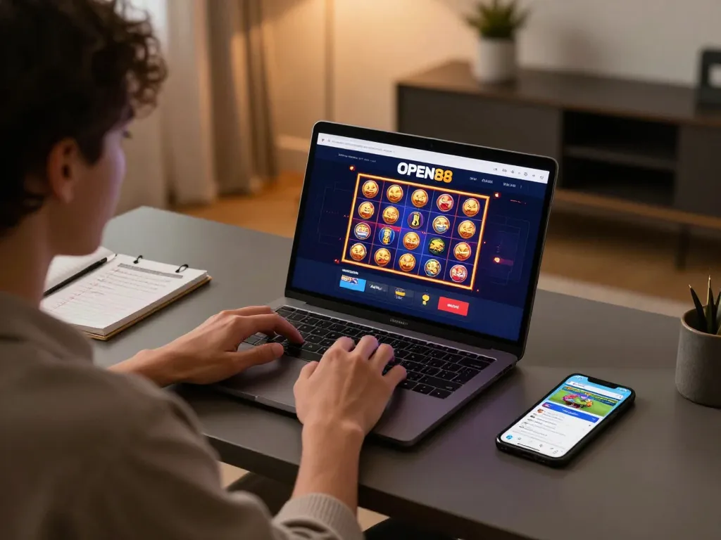 Engaged user playing OPEN88 slots on a laptop in a cozy home setting.
