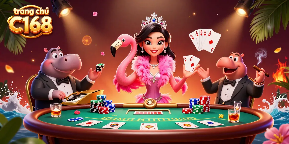 Play and win big at trang chủ C168 with a lively casino scene featuring singers, musicians, and poker elements.