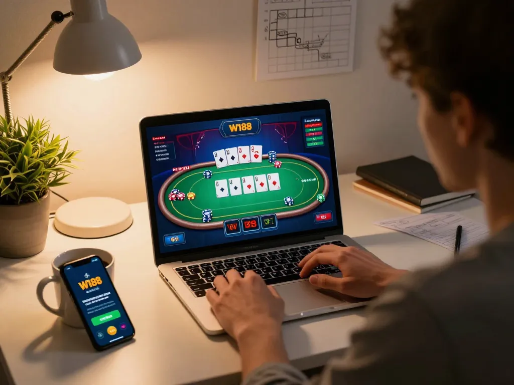 Engaging in strategic gameplay at W188 online casino from a comfortable home setting.