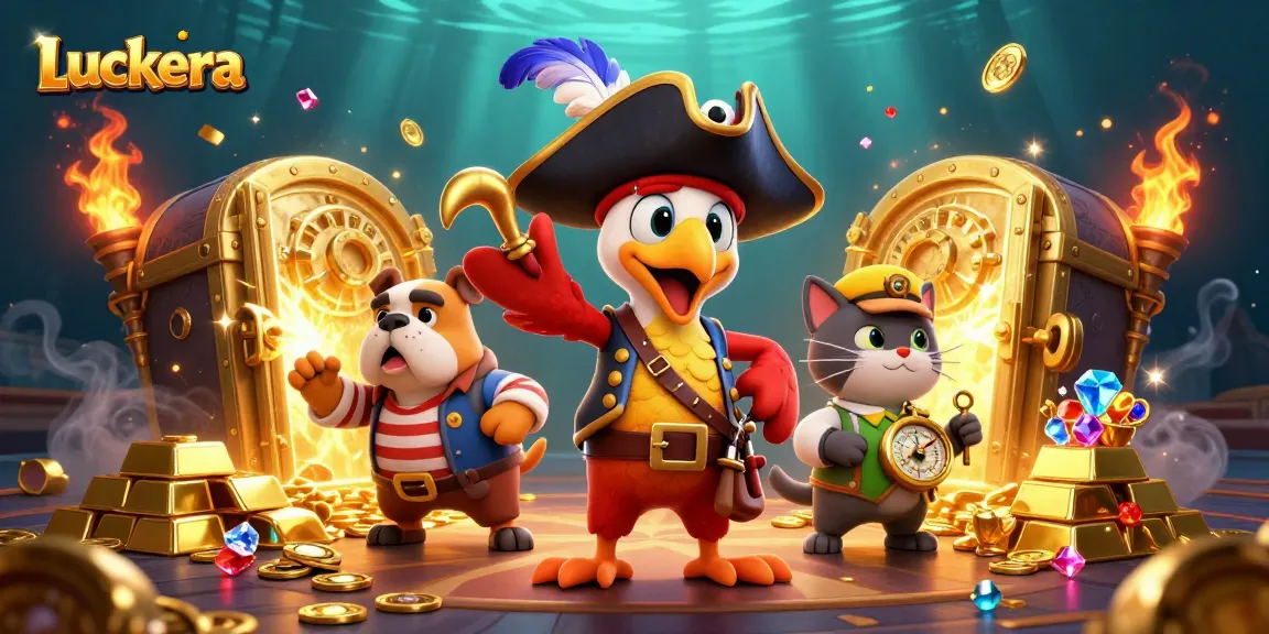 Luckera captivates with a vibrant casino scene featuring a pirate captain and treasure elements.