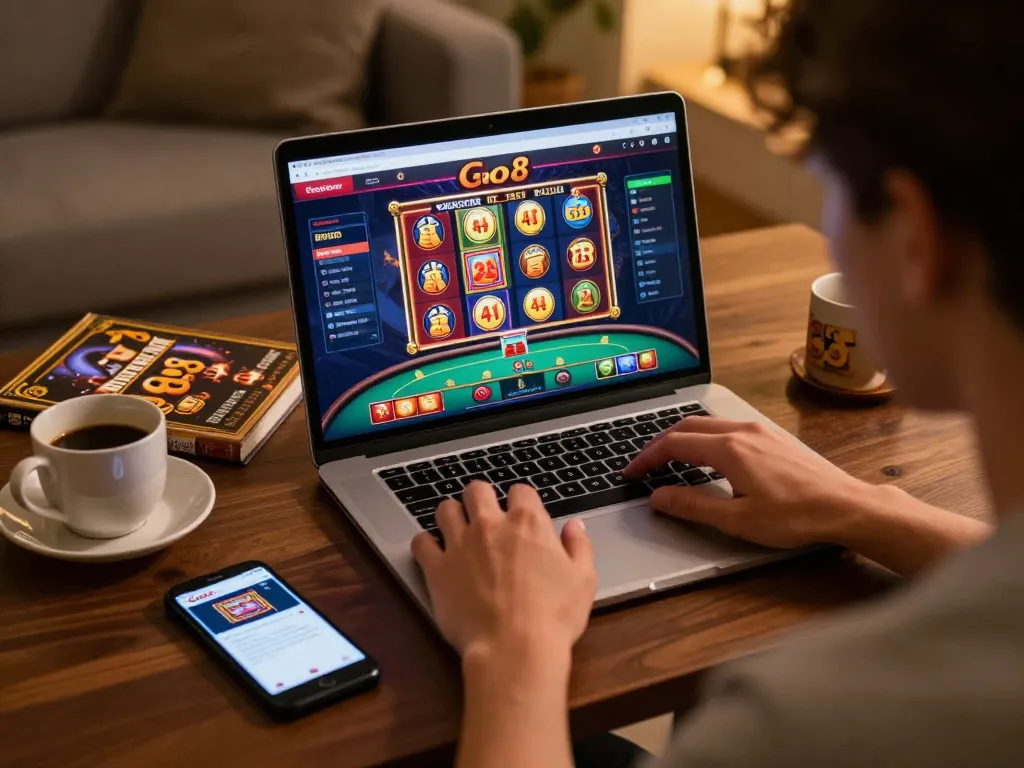Intense focus on online gaming at trang chủ go8, showcasing a player engaged with casino interface.