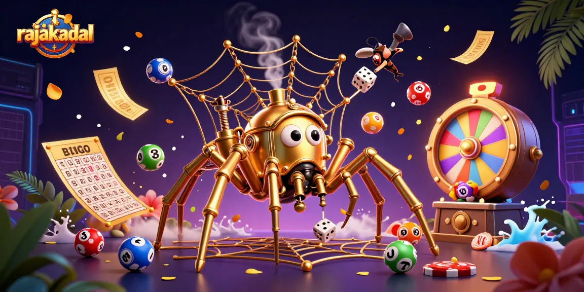Permainan slot seru di RAJAKADAL dengan hiasan dadu keberuntungan dan bola lotere.