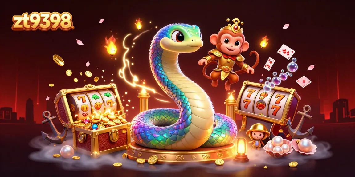 Engage in thrilling gameplay with zt9398, featuring vibrant casino elements like spinning slot reels and treasure chests.