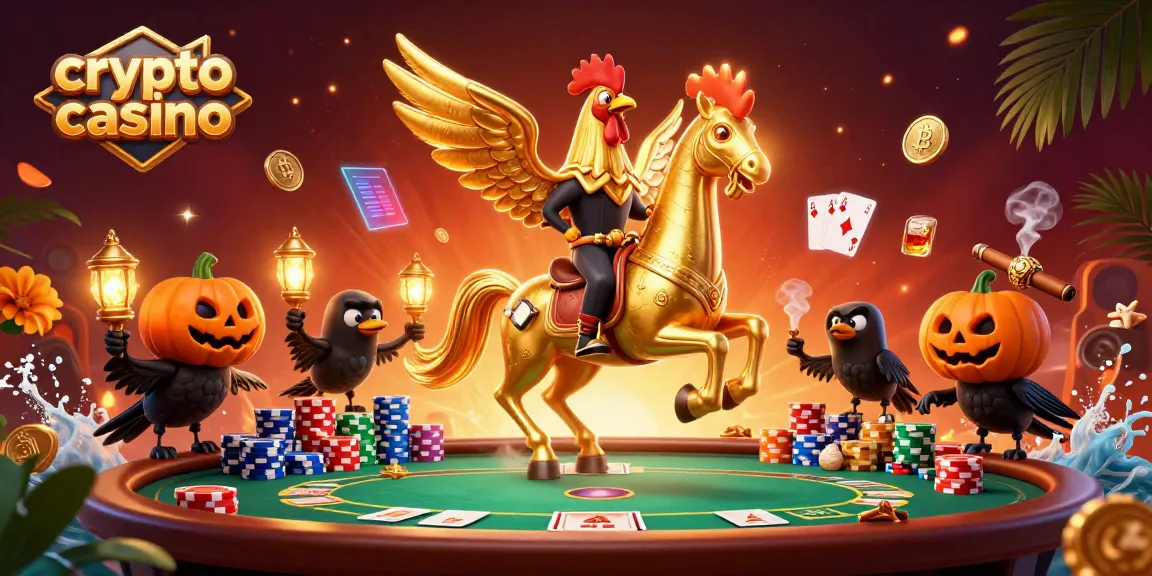 Engage with a vibrant crypto casino scene featuring a golden rooster and poker elements.