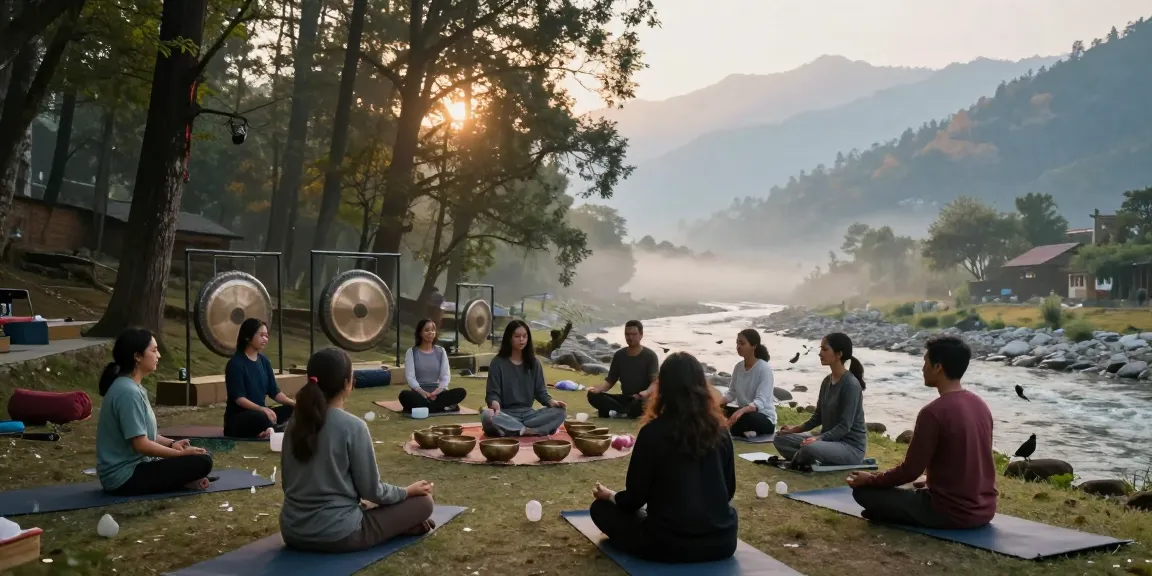 Sound healing course in Rishikesh India with students meditating surrounded by nature, celebrating tranquility and wellness.