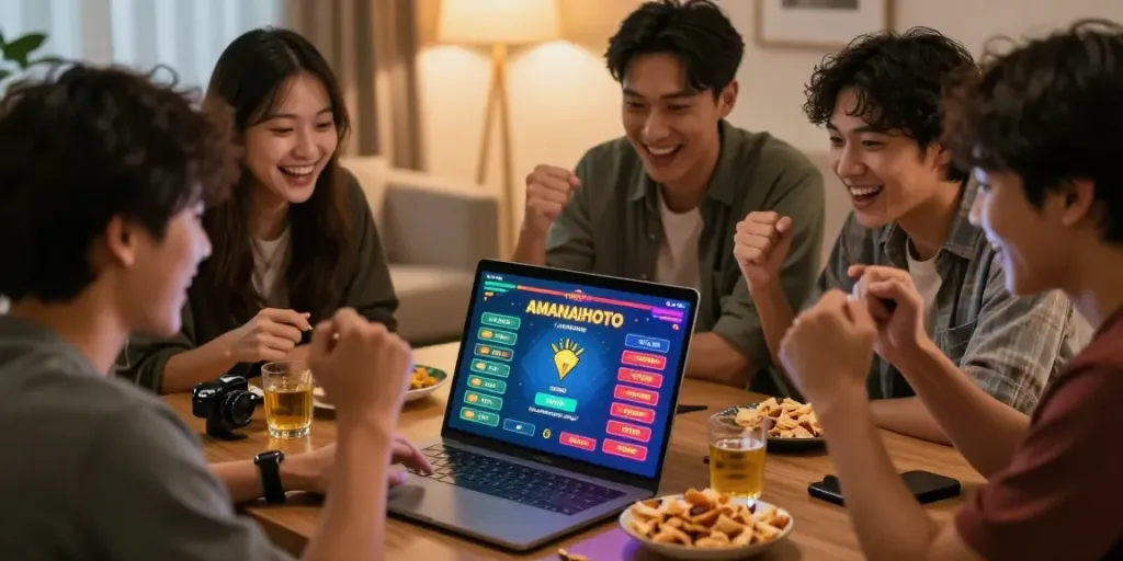 Friends enjoying an online gaming night with AMANAHTOTO on a laptop, celebrating wins together.