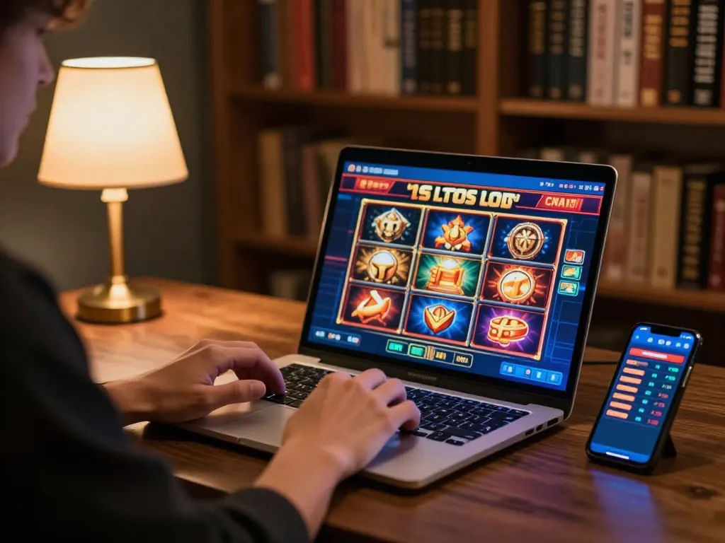 Situs slot gameplay captured on a laptop, showcasing vibrant graphics and strategic betting atmosphere.