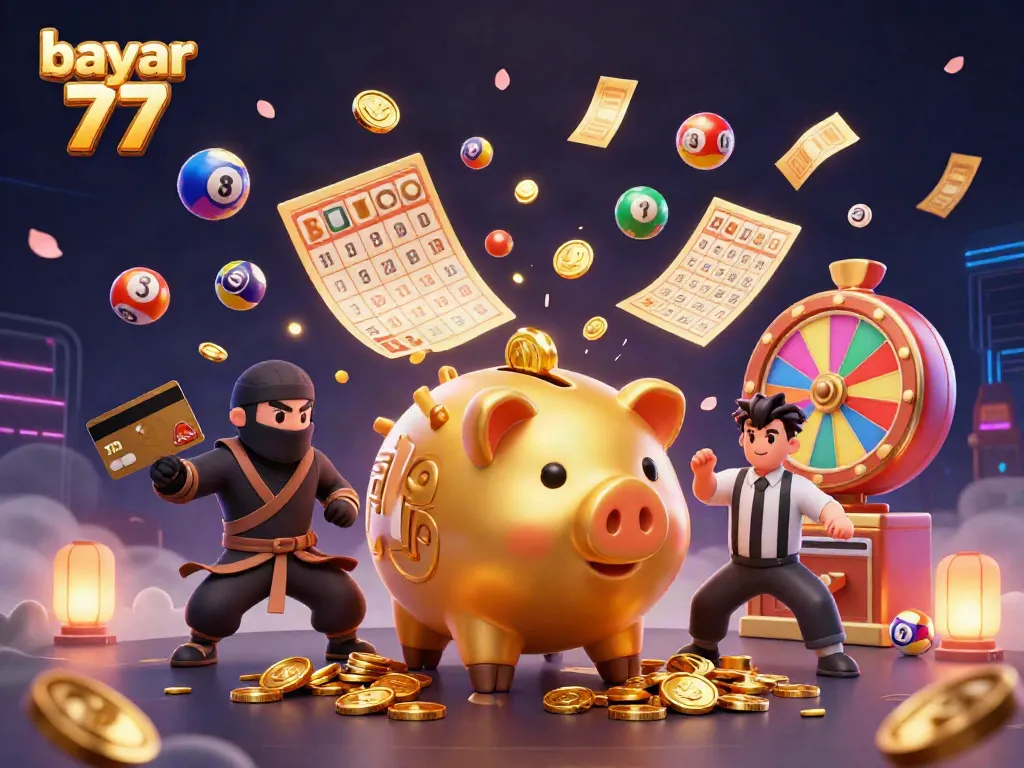 Engage with the vibrant gameplay of bayar 77 surrounded by golden coins and lottery elements.