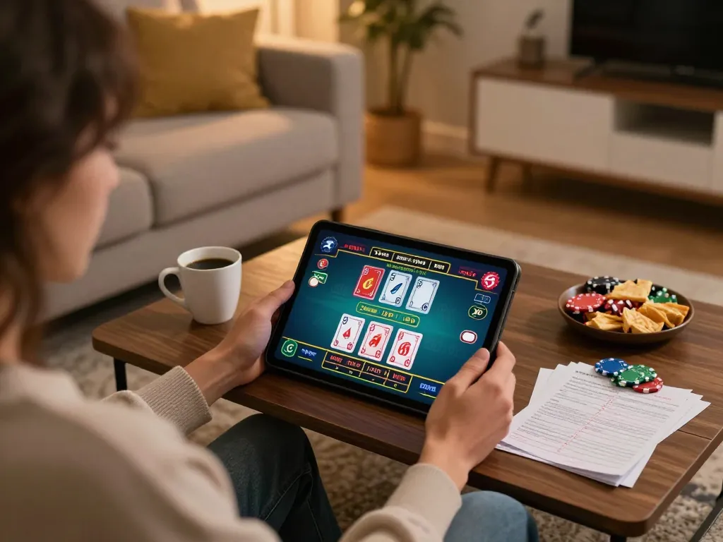 Engaging in strategic gameplay at 888newcasino from a cozy home setup with vibrant ambiance.
