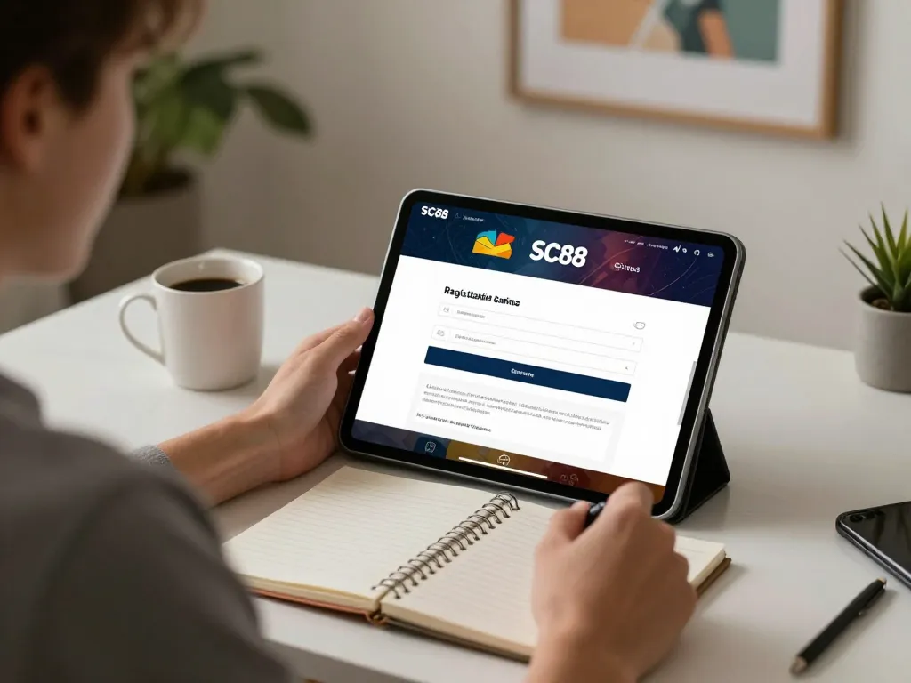Registering with SC88 through a tablet, showcasing easy access and strategic focus for online gaming.
