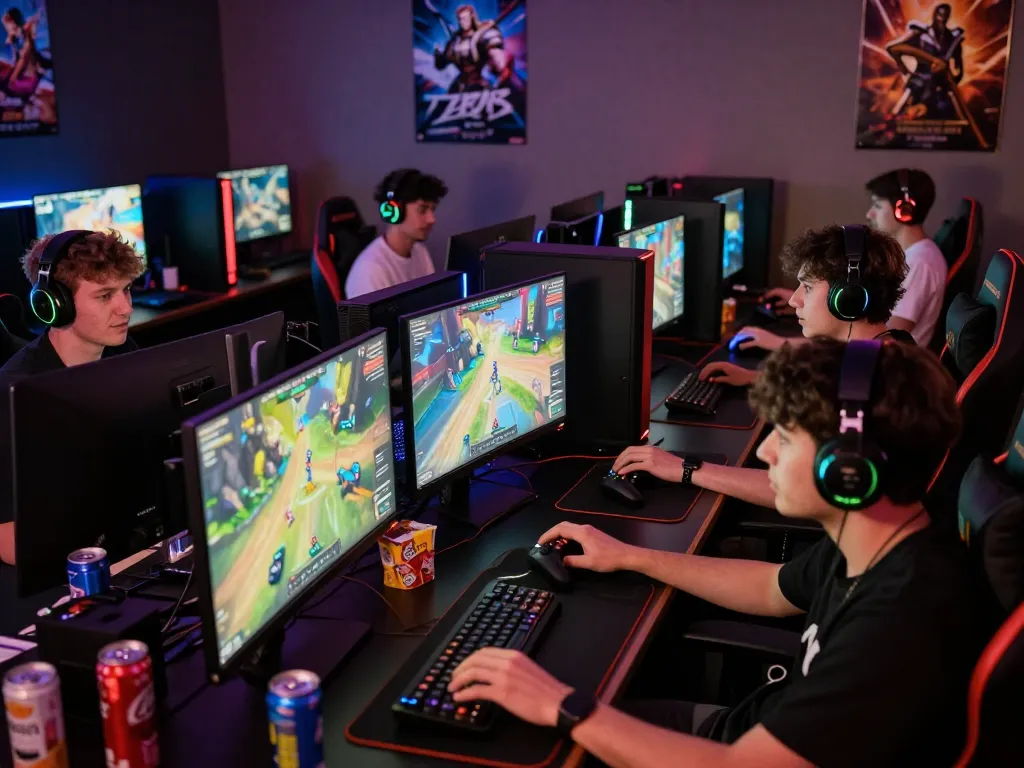 Exciting DEWI123 online gaming scene with players engaged, colorful LED lights, and gaming gear.