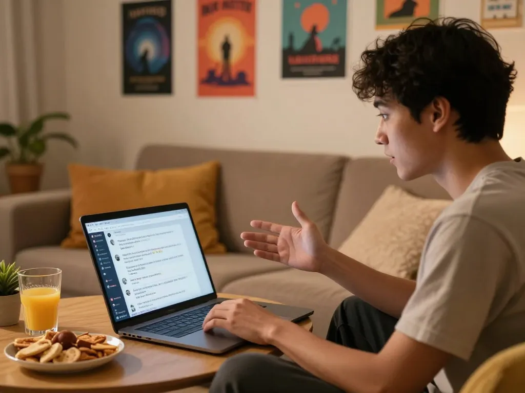 Engaging sex chat AI conversation in a cozy home setting with a laptop.