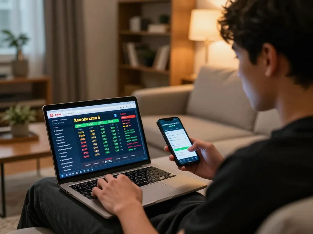 Engage in sports betting excitement with Keo nha cai 5, exploring live odds on a laptop in a cozy home setting.