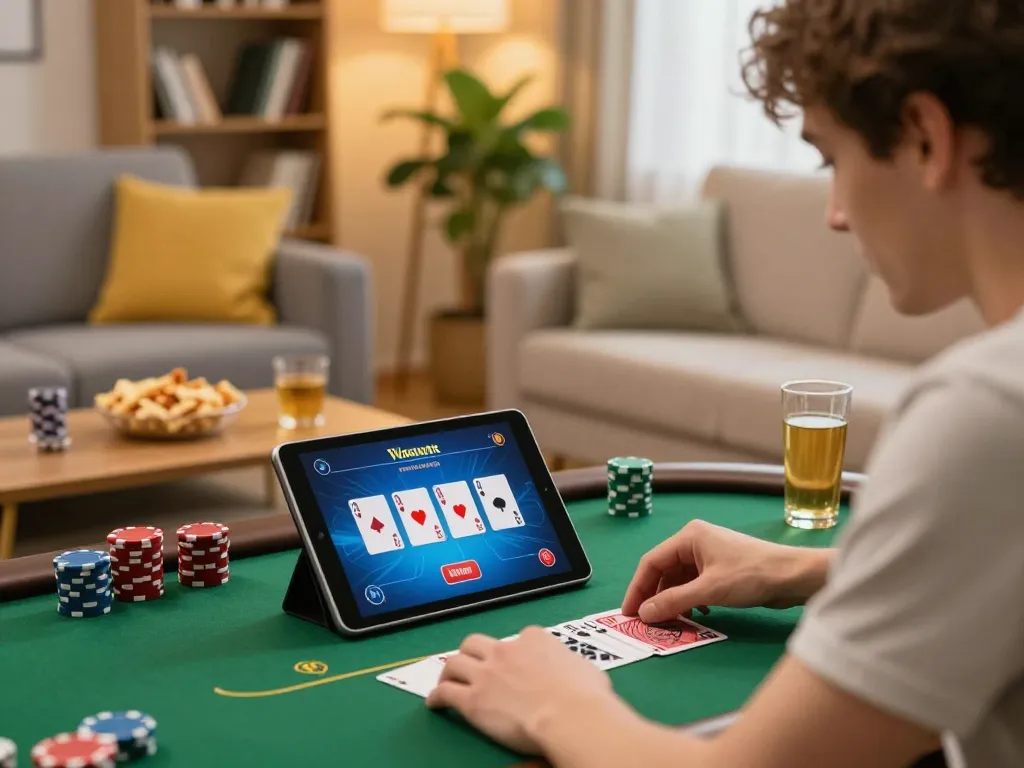 Experience thrilling poker gameplay with Hello88 in a cozy home setting, showcasing online gaming excitement.