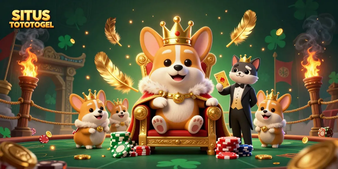 SITUS TOTOTOGEL showcases an epic 3D scene of royal corgi and cat butler surrounded by gambling treasures.