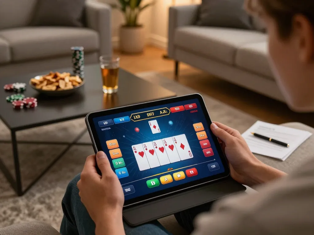 Enjoying online gambling at rik vip with vibrant tablet poker interface in a cozy setting.