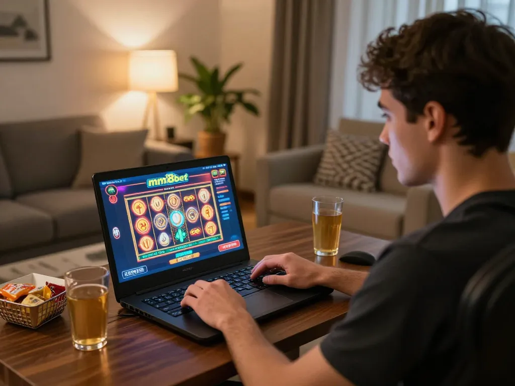 Player enjoying mm88bet online slots in a cozy living room setup, focused on exciting gameplay.