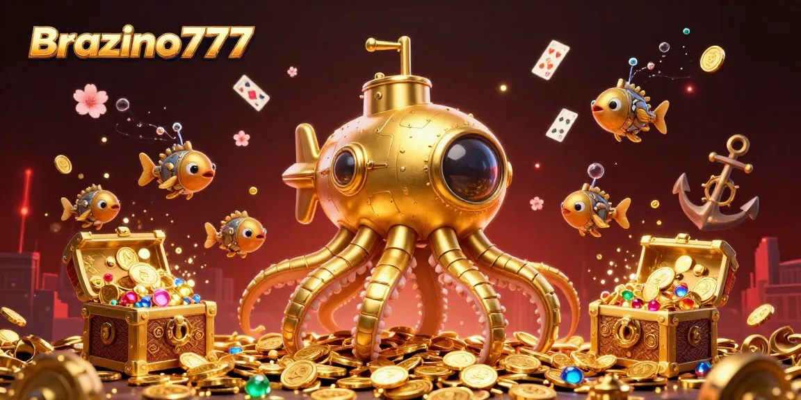 Brazino777 offers an exciting underwater adventure with a golden kraken surrounded by vibrant casino elements.