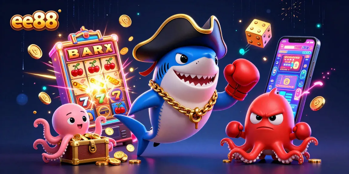 Engage with ee88's thrilling jackpot scene featuring a shark, pufferfish, and octopus with casino elements.