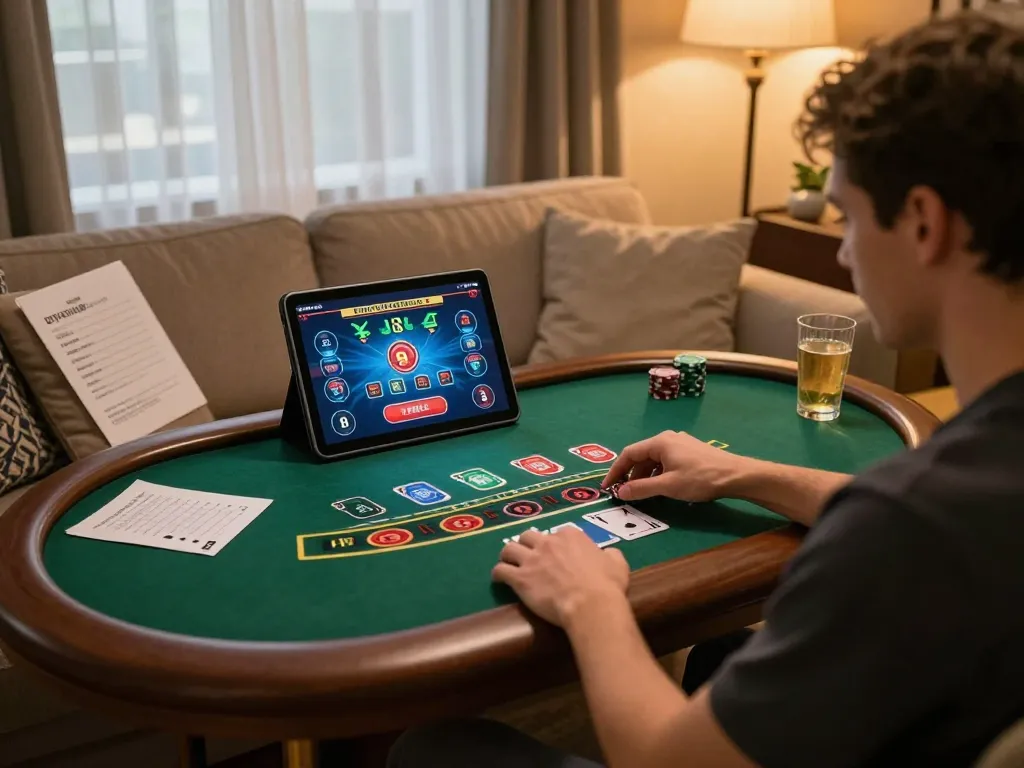 IDNSCORE user engaging in immersive live dealer blackjack game on tablet at home.