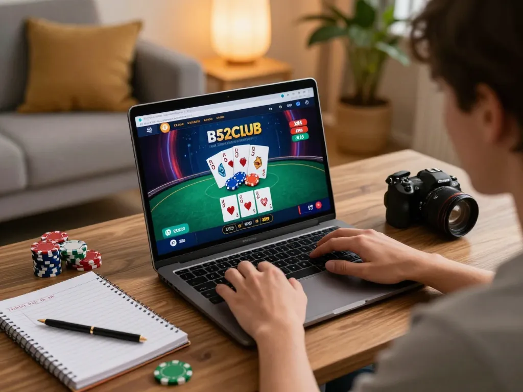 Engaging in poker strategy at B52club in a cozy home setting, showing laptop and notes.