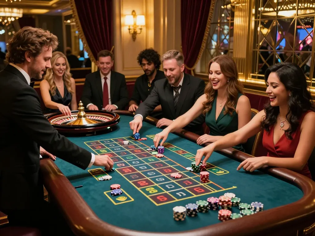 88i players excitedly bet at a roulette table in a luxurious casino setting