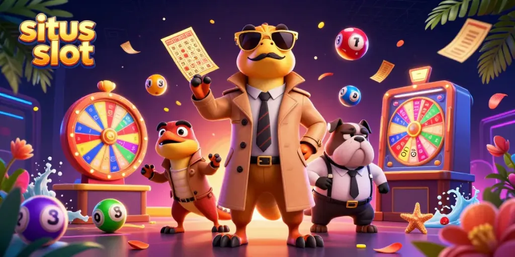 Karakter situs slot bersama, tiga raptor dalam jas memasuki lounge VIP kasino dengan pengawal berbentuk bulldog.