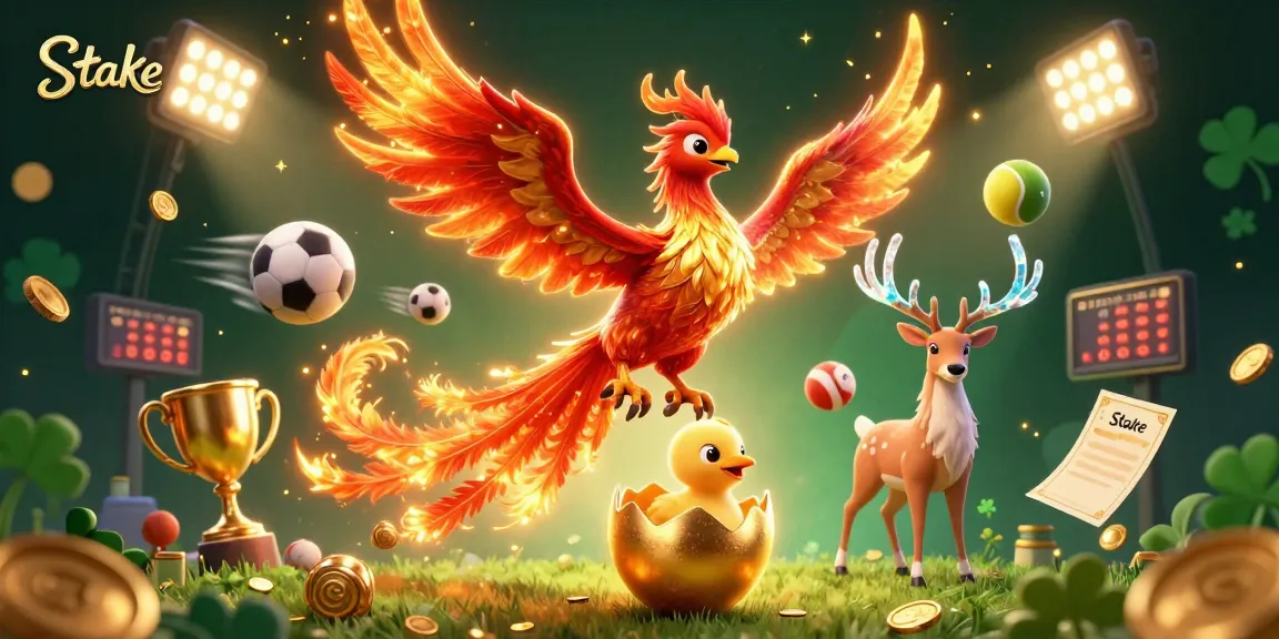 Stake experiences thrilling sports betting with a dynamic phoenix, baby chick, and mystical stag.