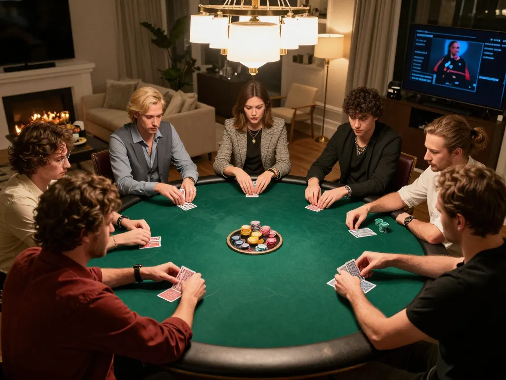 Players enjoying a high-stakes poker game with 88vv casino app visible on table, showcasing strategic gameplay.