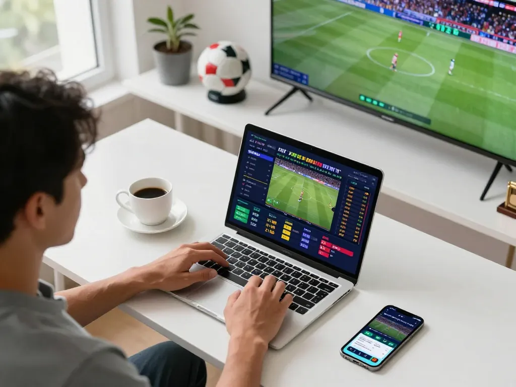 Sesi taruhan olahraga Situs Judi Online dengan seseorang yang menggunakan laptop dan smartphone untuk memasang taruhan langsung.