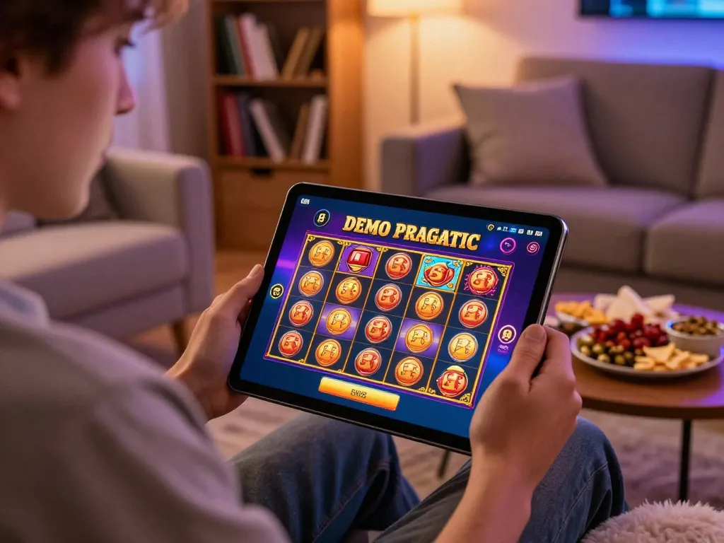 Engage in Demo Slot Pragmatic gameplay on a tablet in a cozy setting.