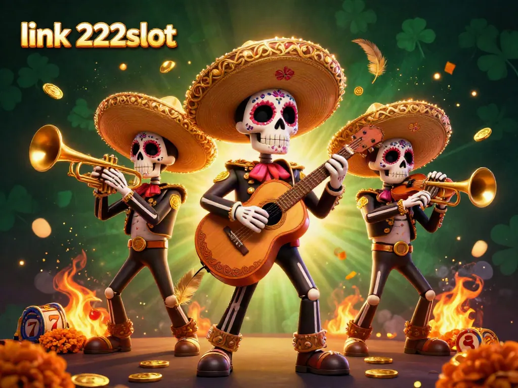 Jelajahi dunia hiburan kasino dengan link 222slot melalui ilustrasi meriah band mariachi tengkorak.