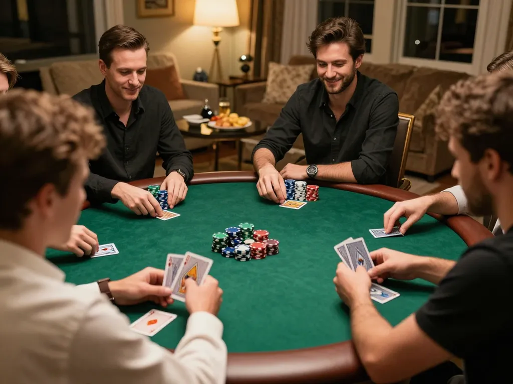 Players enjoying a lively poker game at home, showcasing vipwin strategy with chips and cards.