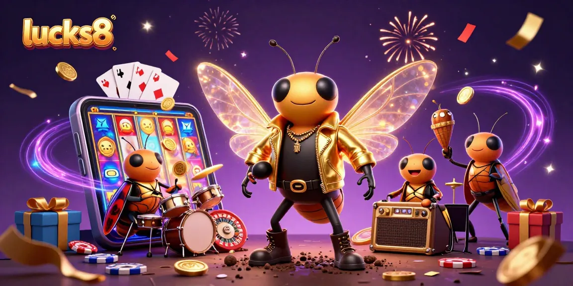 Win big with lucks8 in a vibrant, dynamic 3D casino illustration featuring a rock star theme.