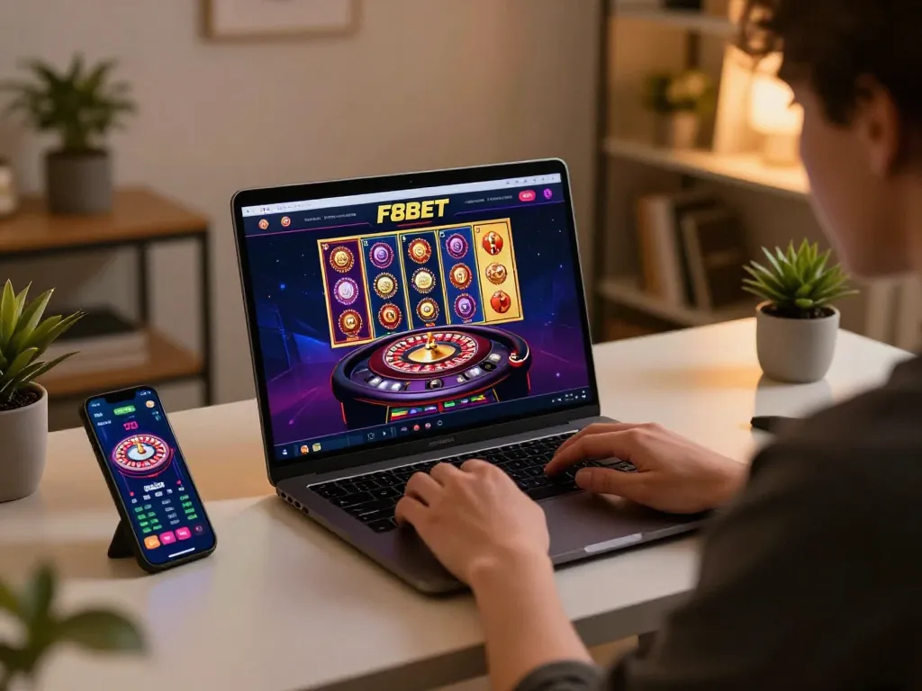 Engaging F8BET online gaming experience with a laptop displaying vibrant casino games and personalized decor.