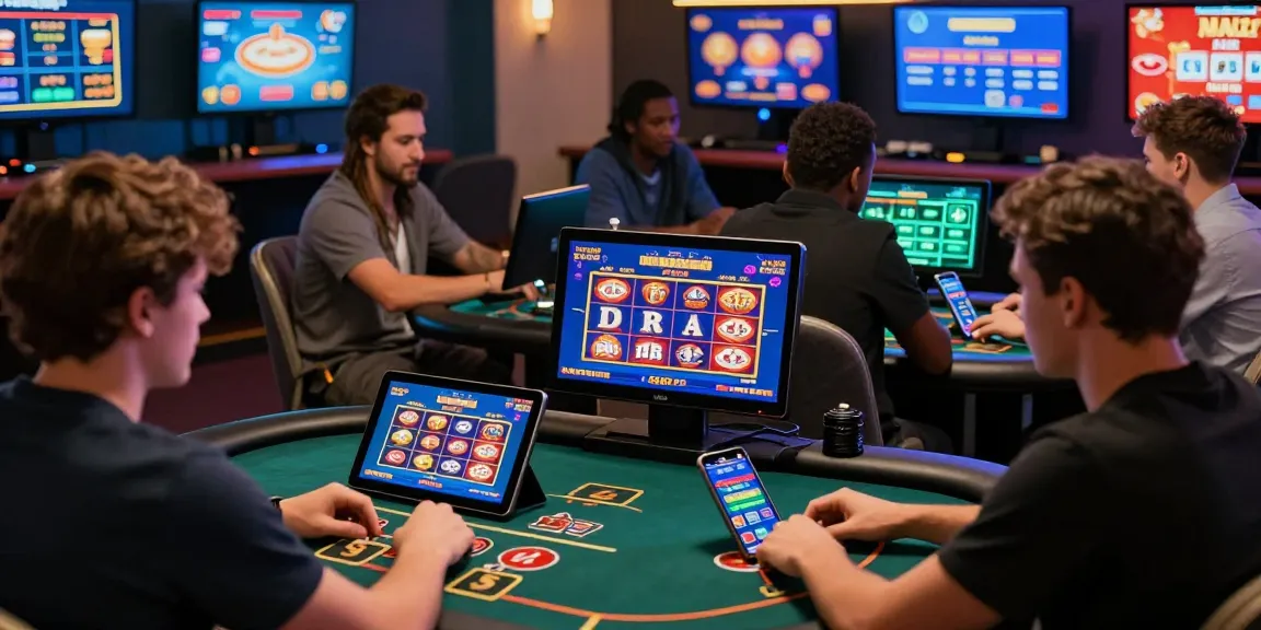 Engaging online gambling atmosphere at OPEN88 showcasing players enjoying diverse games on modern devices in a vibrant virtual lounge.