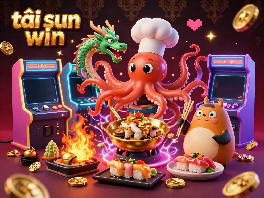 Engage with the vibrant scene of tải sun win featuring a chef octopus, dragon, and tanuki in an arcade setting.