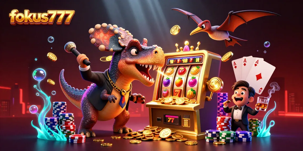 Engage with fokus777 by enjoying a jackpot-winning scene with animated dinosaurs in a vibrant casino.