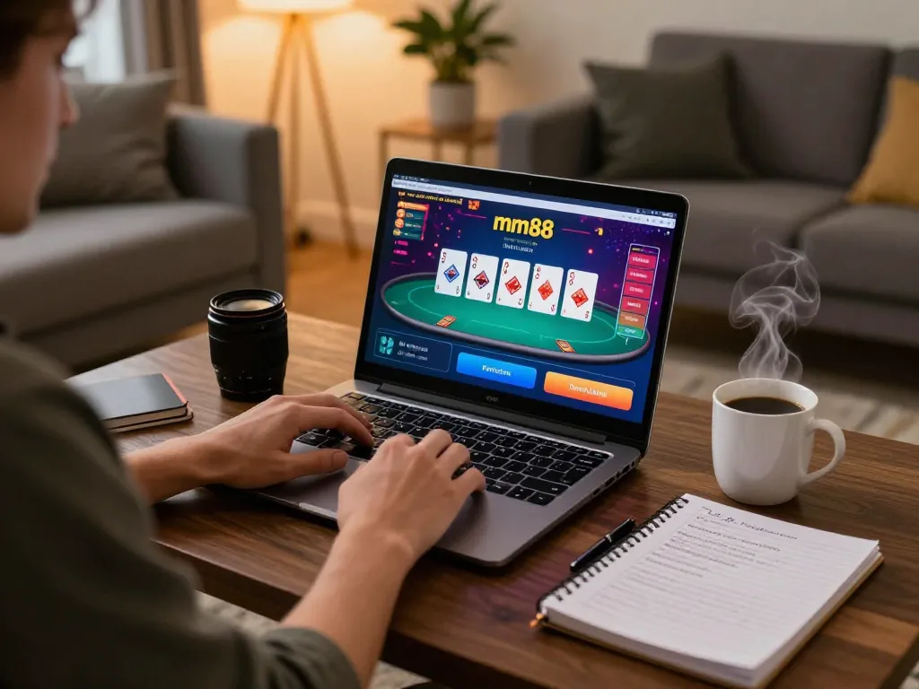 Player enjoying mm88 online poker at home, showcasing strategic play and responsible betting