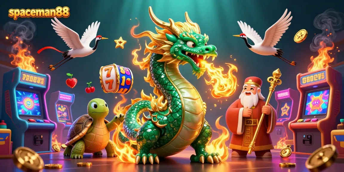 Spaceman88 players spin slot reels with a dragon, turtle, and cranes in a dynamic casino scene.