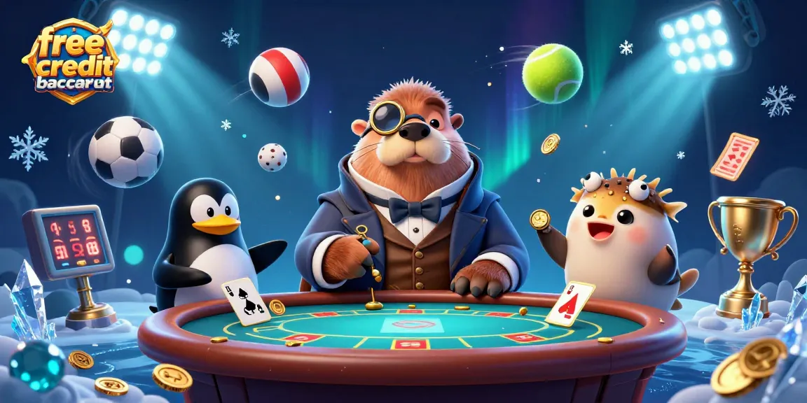 Engage in free credit baccarat with a jolly walrus, sophisticated dealer, and bluffing pufferfish in a vibrant underwater casino scene.