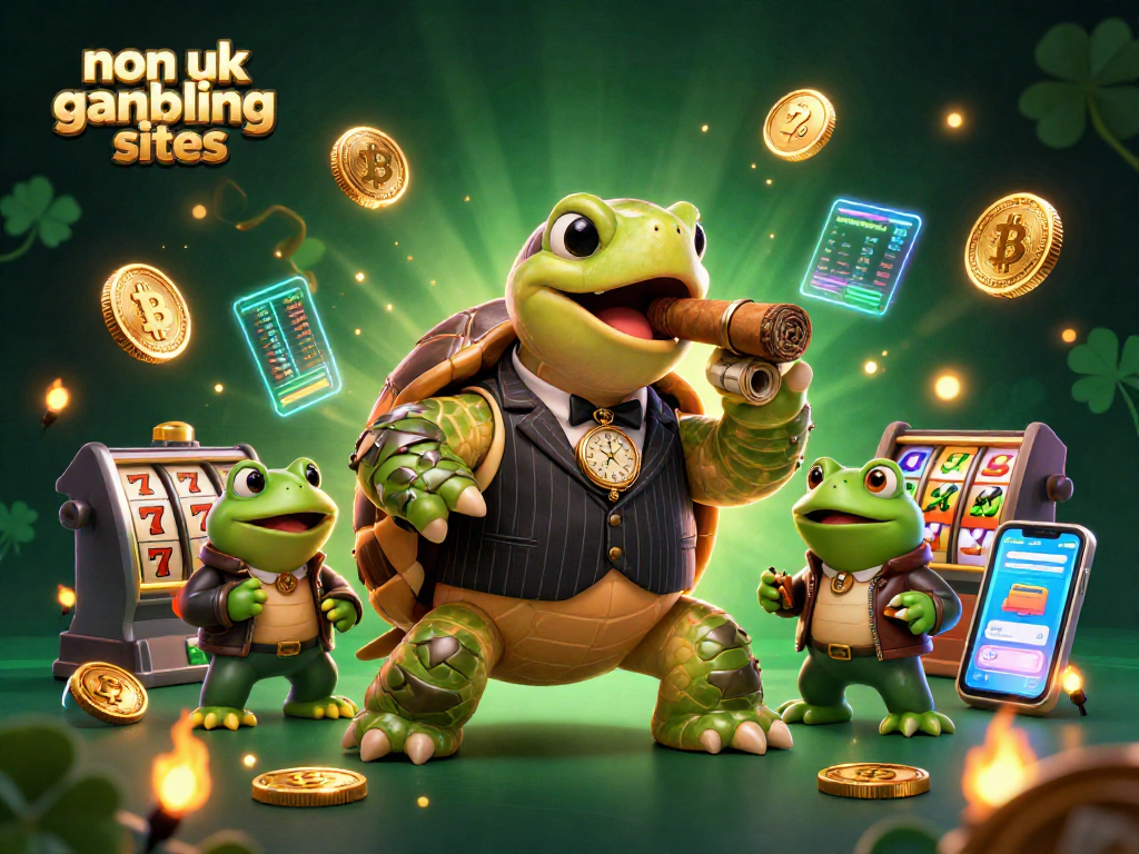 Witness the thrilling world of non UK gambling sites with a cartoon turtle mobster surrounded by vibrant gaming elements.