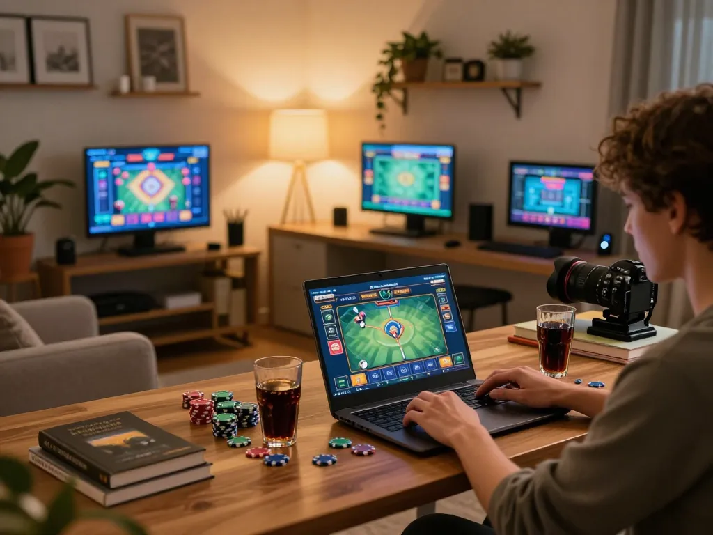 Engaging in casino gameplay on a stylish laptop, showcasing a Legit Online Casino experience in a cozy atmosphere.