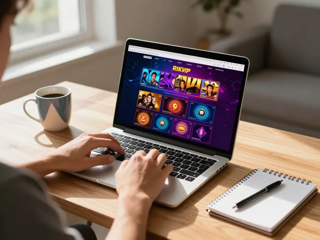 RIKVIP player engaging with online casino games at a laptop, showcasing a vibrant gaming interface.