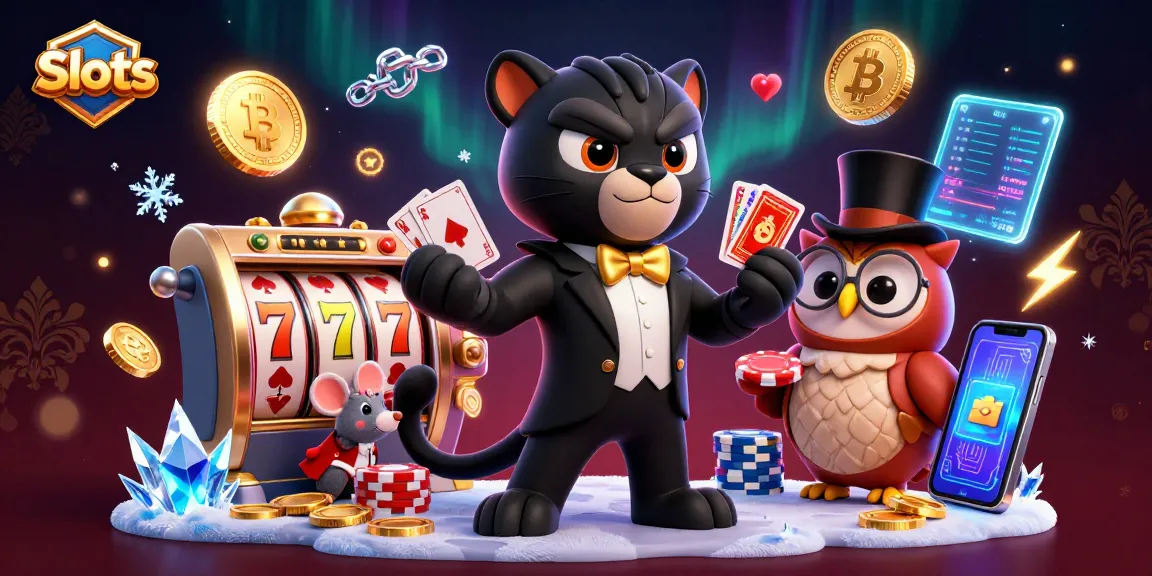 Experience thrilling Slots action with stylish characters dealing cards and surrounded by coins and slot elements.